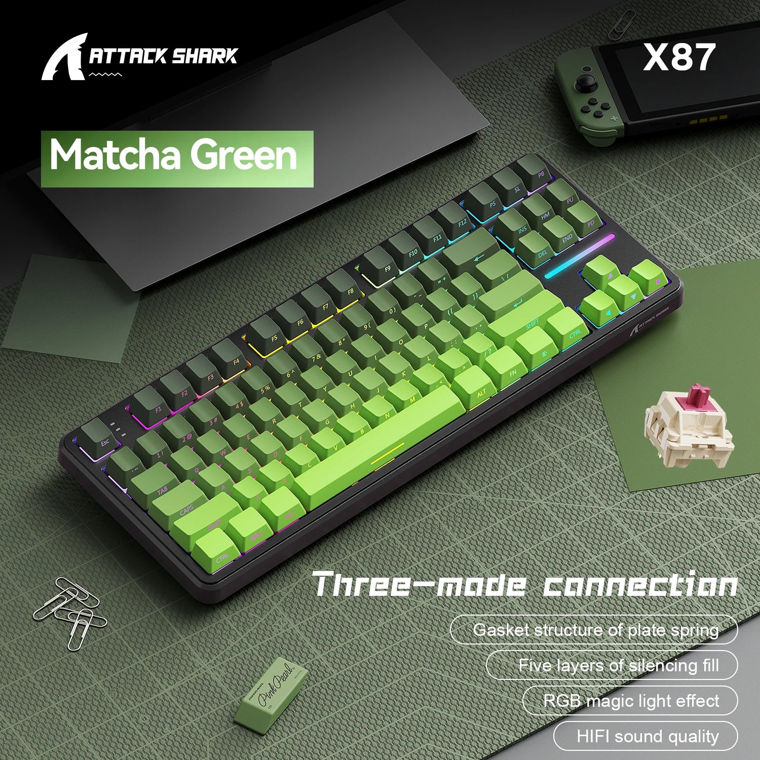 Attack Shark X87 Macro Drive Gaming Keyboard,Bluetooth Side Engraved Translucent Character Mechanical Keyboard,RGB,Hot-Swap