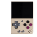 Portable retro game console with features listed on a white background