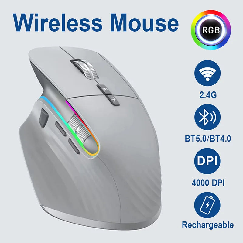 2.4G Wireless + Bluetooth RGB Rechargeable Ergonomic Mouse - Gaming & Office Computer Mouse
