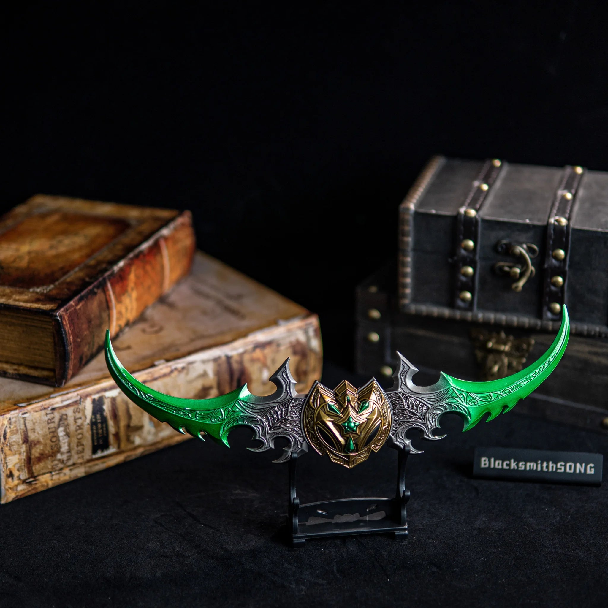 Premium 27cm Twin Blade of Azzinoth Replica, Heavy 220g Illidan Warglaive, Green Fel Blade Metal WoW Model