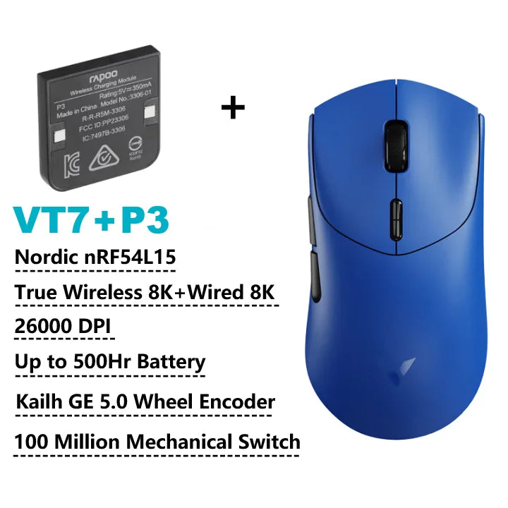 Безжична геймърска мишка Rapoo VT7 /VT7 MAX, True 8K безжична скорост на анкетиране, 53 г, лека, до 500 часа живот на батерията, активирани макроси
