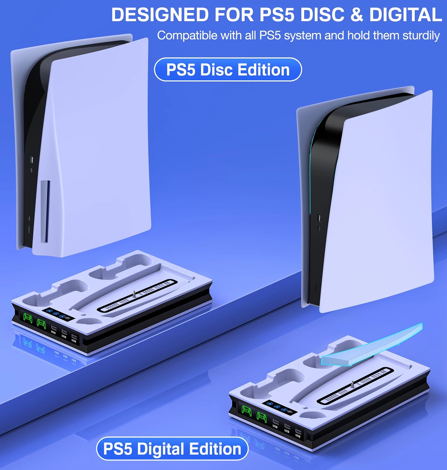 Dinofire for PS5 Cooling Fan Stand Dual Fast Charger For PlayStation5 Controller Charging Station for PS5 Disc & Digital Edition