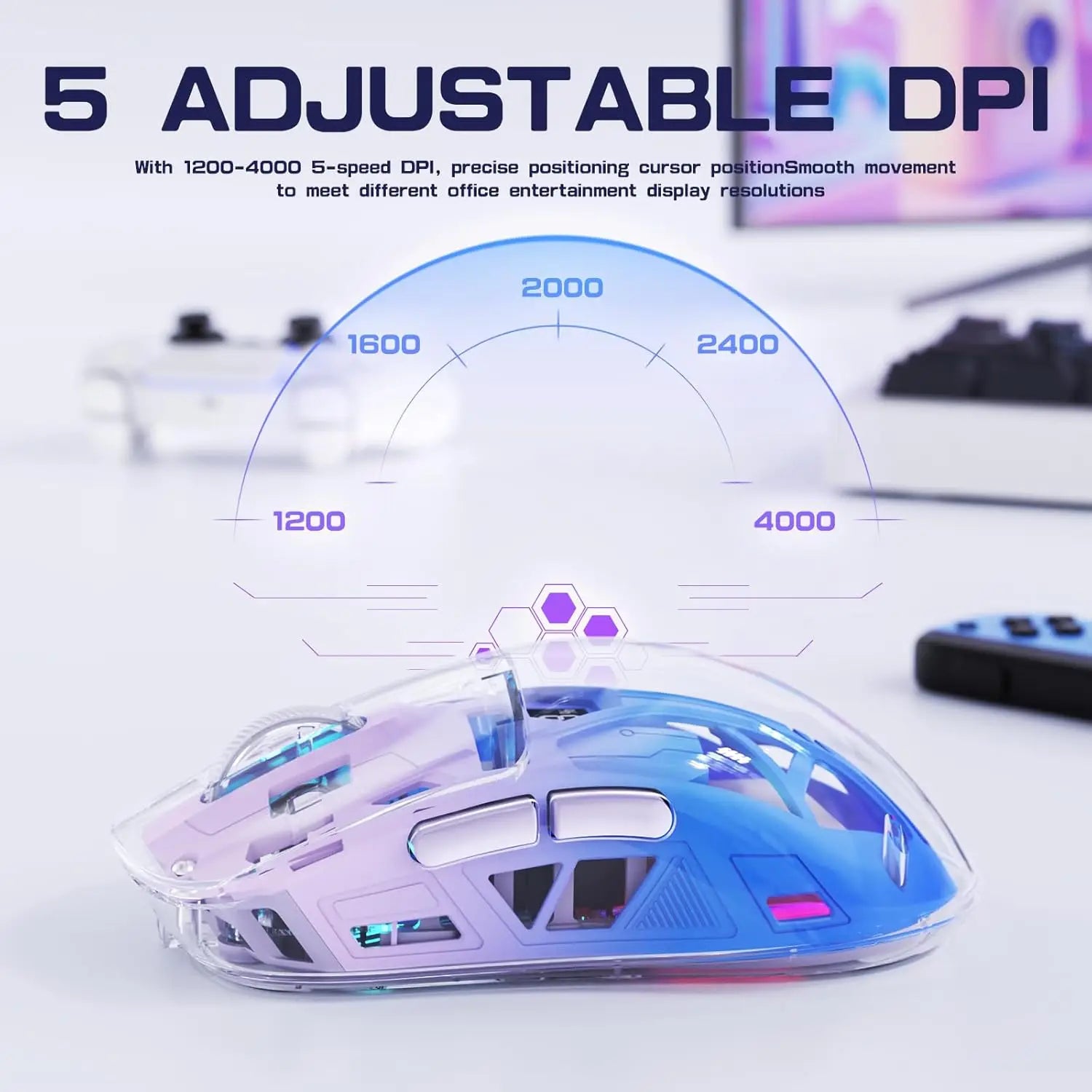 A2 Transparente kabellose Gaming-Maus, BT 5.0/2,4G PC wiederaufladbare RGB-Mäuse mit digitalem Bildschirm, PixArt 3212, 5 einstellbare DPI