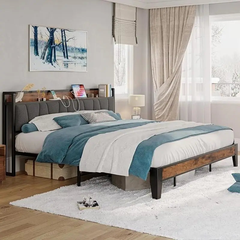 LIKIMIO Twin/Twin XL/Full/Queen/King/California King Bed Frames, Storage Headboard with Charging Station, No Box Spring Needed