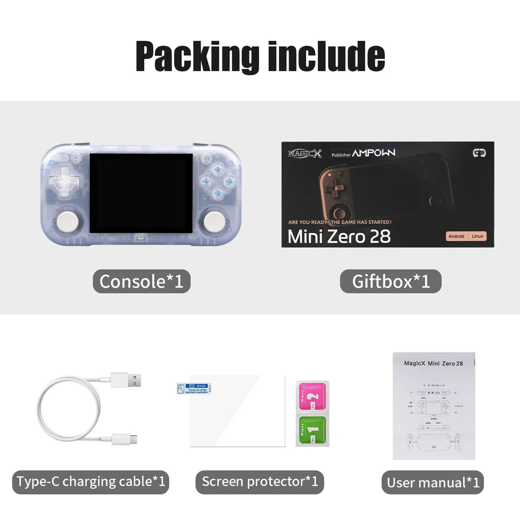Ampown Mini Zero 28 Retro Handheld Game Console 2.8'' IPS Screen A133P Processor Android System MAGICX ZERO28 Video Player Gifts