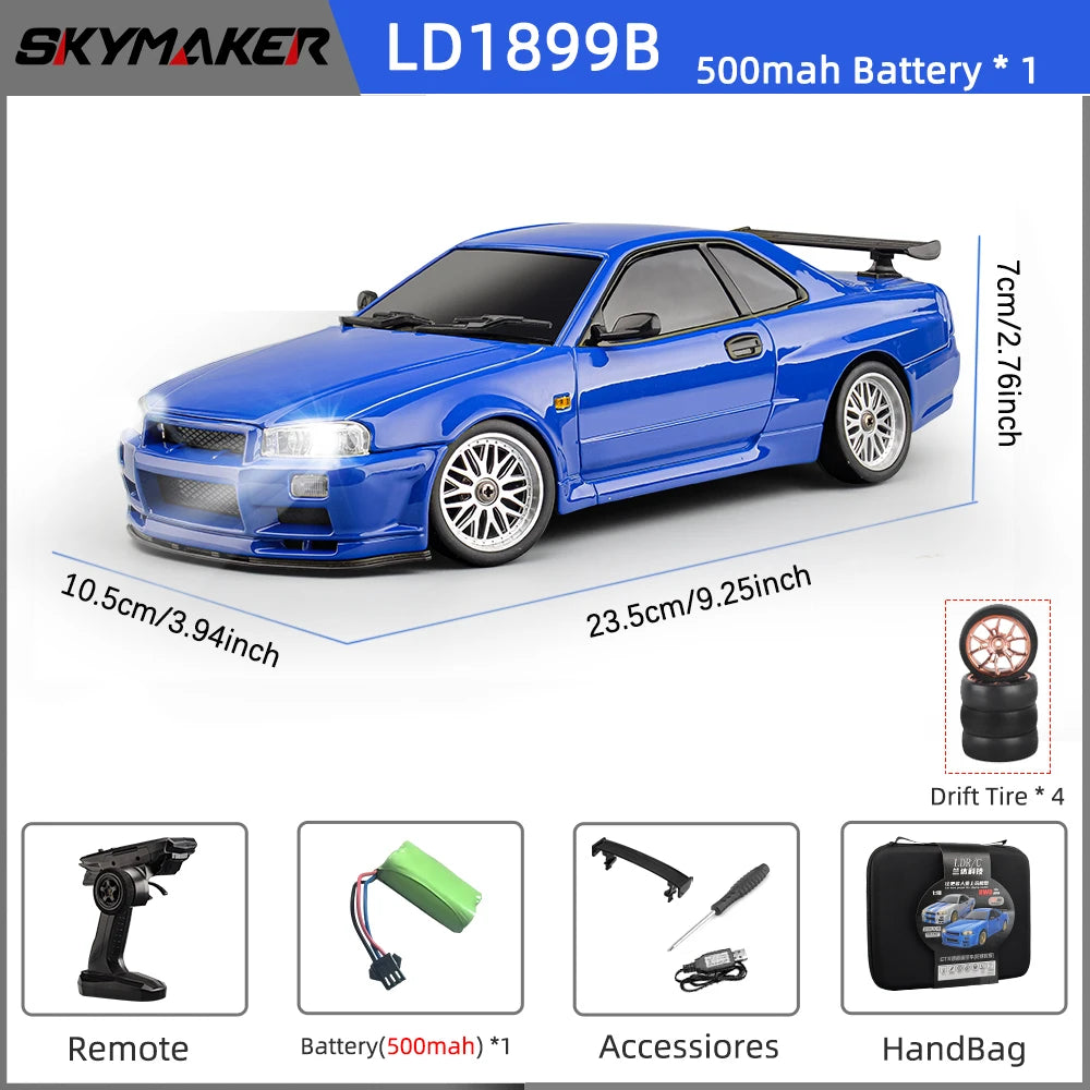 Skymaker LDRC 1/18 RC Drift Car LD1899 GTR-Modus R34 2,4 GHz RWD mit Gyroskop On-Road-Legierung Karosserie Rennwagen für Jungen Geschenke
