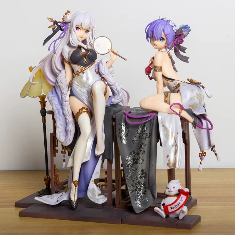 22cm Re:Zero Emilia and Rem Chinese Dress Figure Set - Elegant Qipao Anime Statue, Cute Collectible Model & Desktop Decor