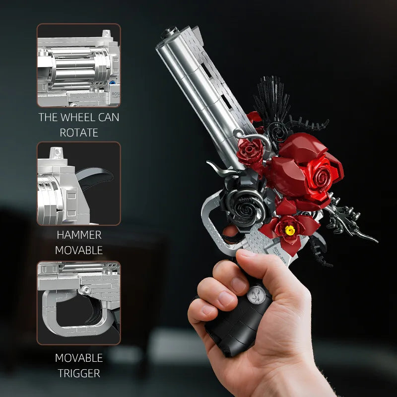 MOC Mechanical Retro Rose Revolver Building Blocks West Cowboy Pistol Guns Flowers Bricks Toys Collection Ornaments Kids Gifts