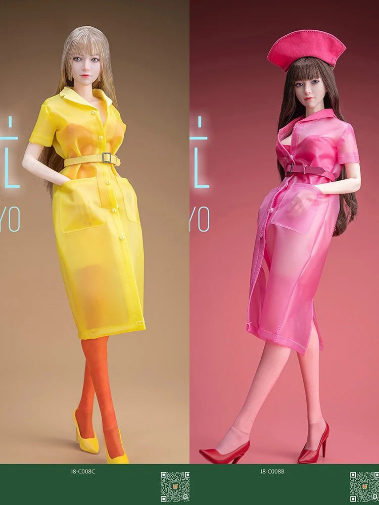 I8TOYS 1/6 Female Figure Beauty Head Sculpt Union Suit Transpaerent Raincoat Heels I8-C008 Clothes Set Accessory For 12" Body
