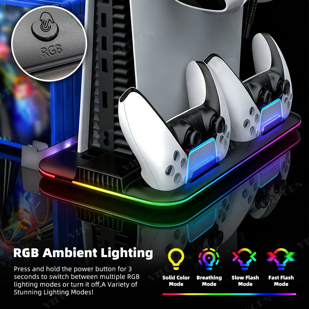 Cooling Stand For PS5/PS5 Slim/Pro Stand with Headphone Hook & Controller Charging Station for PlayStation 5 Console Accessories