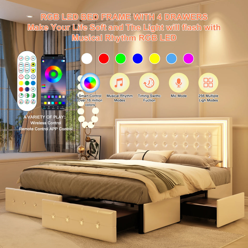 GEGOFORU Queen LED Bed Frame with 4 Storage Drawers, RGBW Headboard, PU Upholstered, No Box Spring Needed, 900 lbs Support