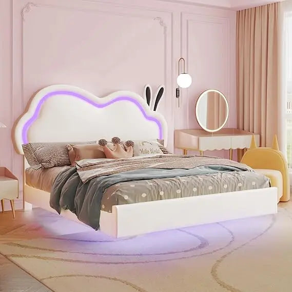 Pink Leather Upholstered Floating Bed Frame with Cute Cloud Headboard for Girls - No Box Spring Needed