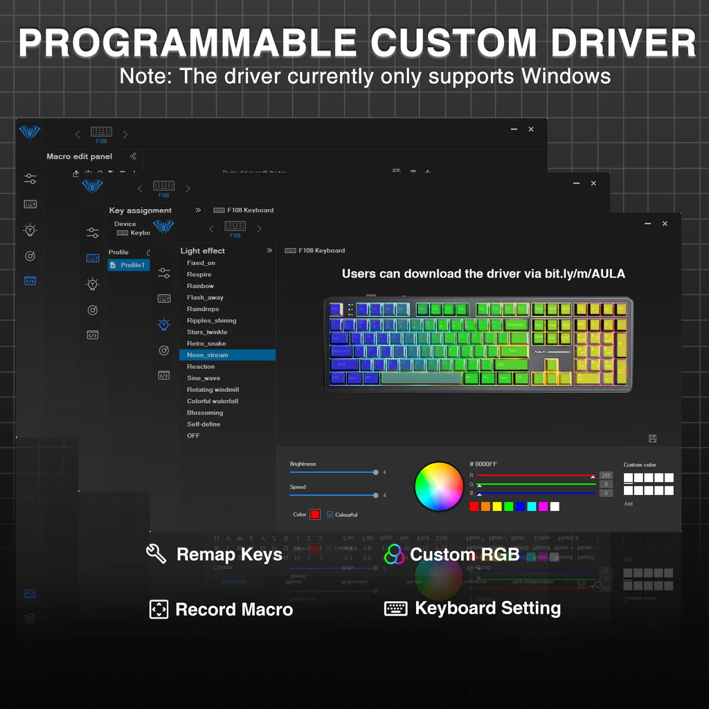 AULA F108-Tastatur, 100 % Layout, 1K-Abfragerate, mechanische Gaming-Tastatur, Hot-Swap-fähiger linearer Schalter mit Makro-Software