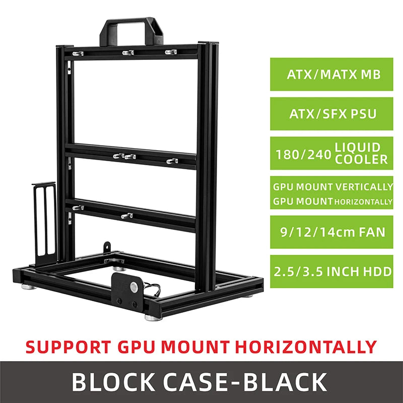METALFISH BlockCase Aluminum Open Frame Case Support ATX/M-ATX Mainboard GPU Mount Horizontally 240 Water Cooler Gaming Cabinet
