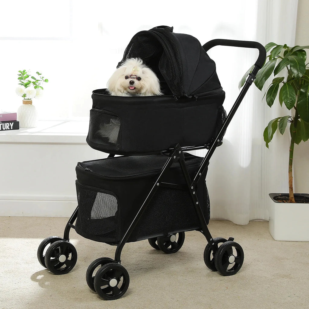 Double Pet Cart for Small Dogs or Cats Lightweight foldable double stroller for dogs with removable harnesses