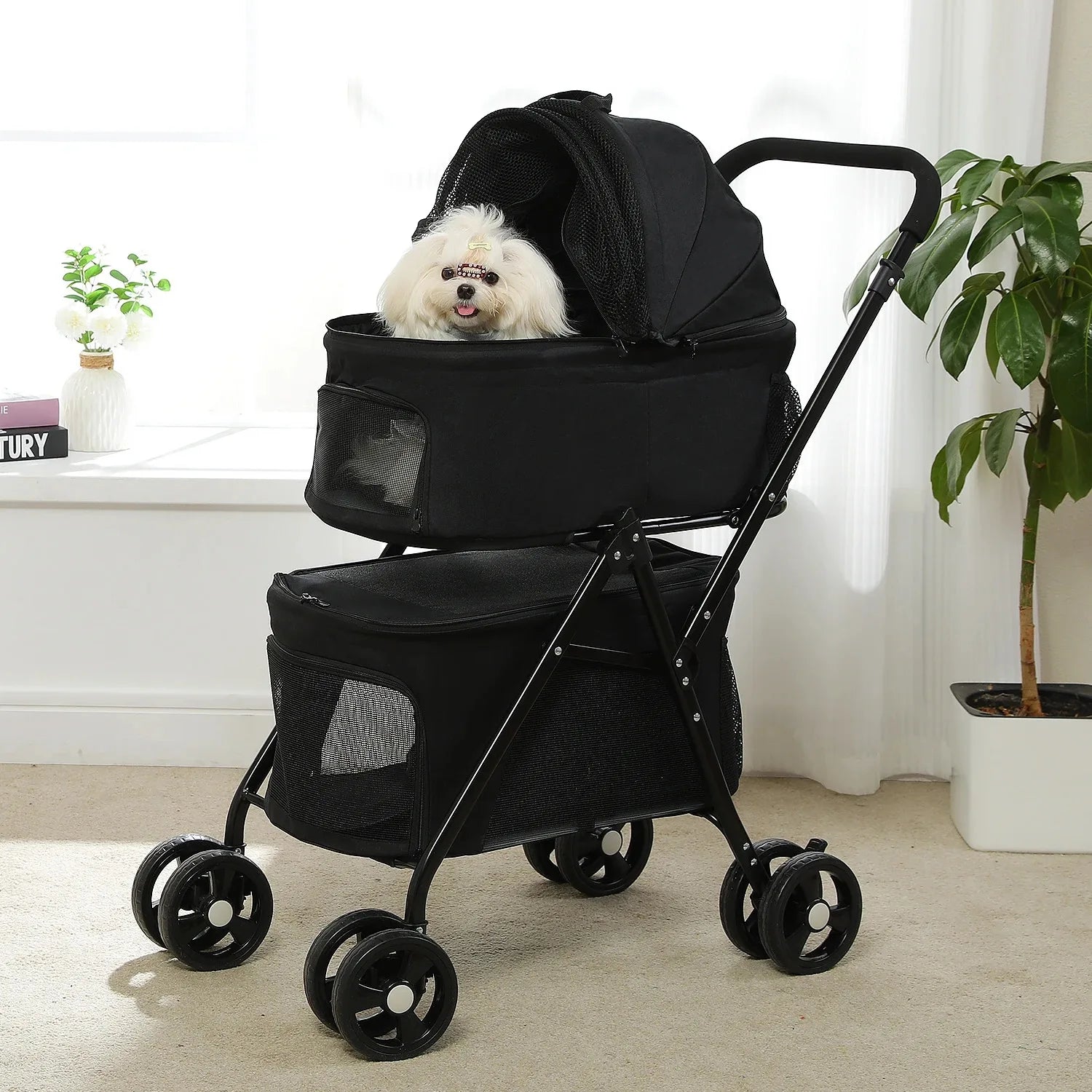 Double Pet Cart for Small Dogs or Cats Lightweight foldable double stroller for dogs with removable harnesses