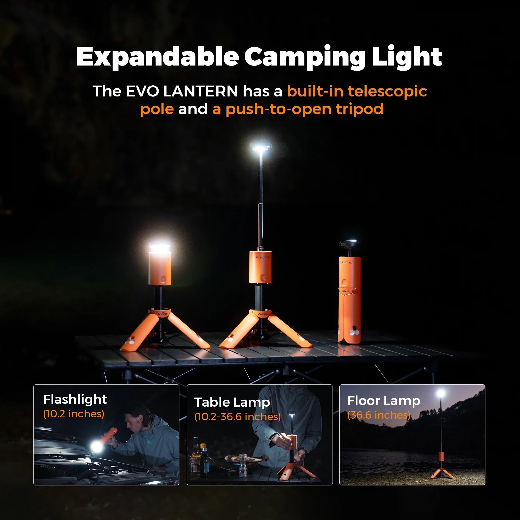 FLEXTAIL EVO LANTERN - FLEXTAIL x OUTASK Telescopic Magnetic Camping Lantern with 12000mAh Battery, IPX6/IPX7 Waterproof
