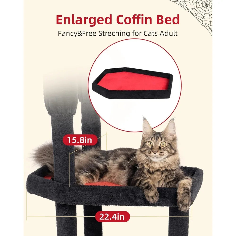 Gothic Floor to Ceiling Cat Tree for Large Cats, Large Perch Beds, Adjustable Halloween Tower [86''-108''=220-274CM], Corner Cli