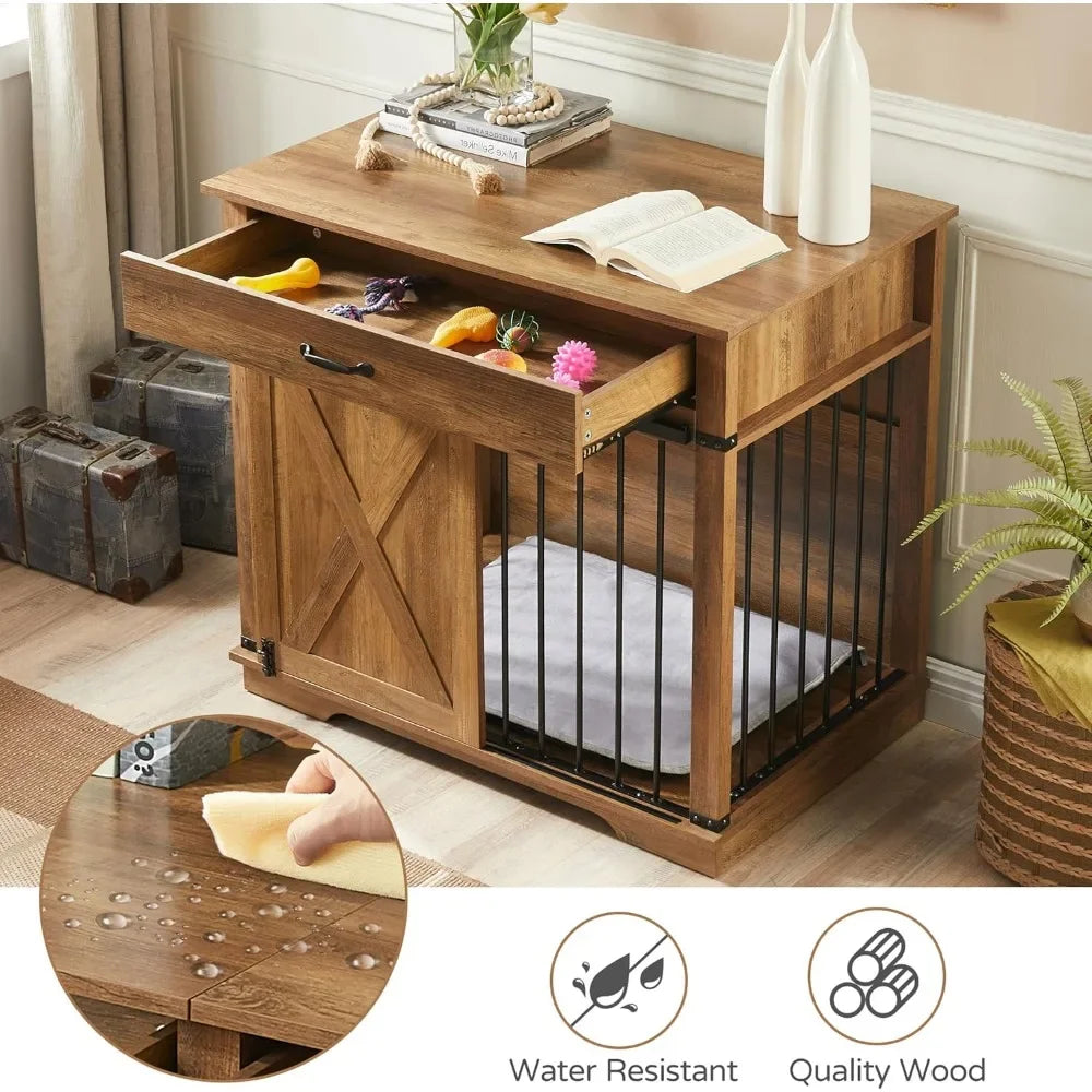 Furniture Style Dog Crates with Drawer, Farmhouse Wooden Dog Kennel Furniture with Sliding Barn Door & Water Resistant for