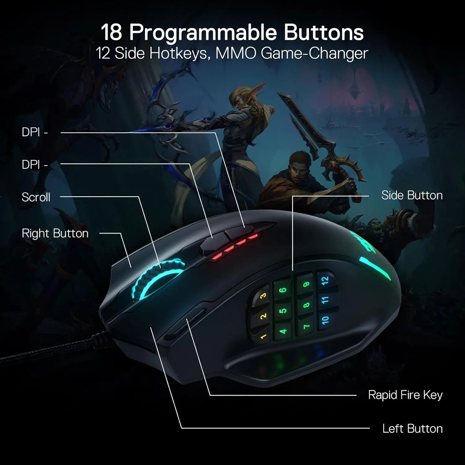 Геймърска мишка Redragon M908 с RGB подсветка, LED, USB, кабелна, 18 програмируеми бутона, 12400 DPI