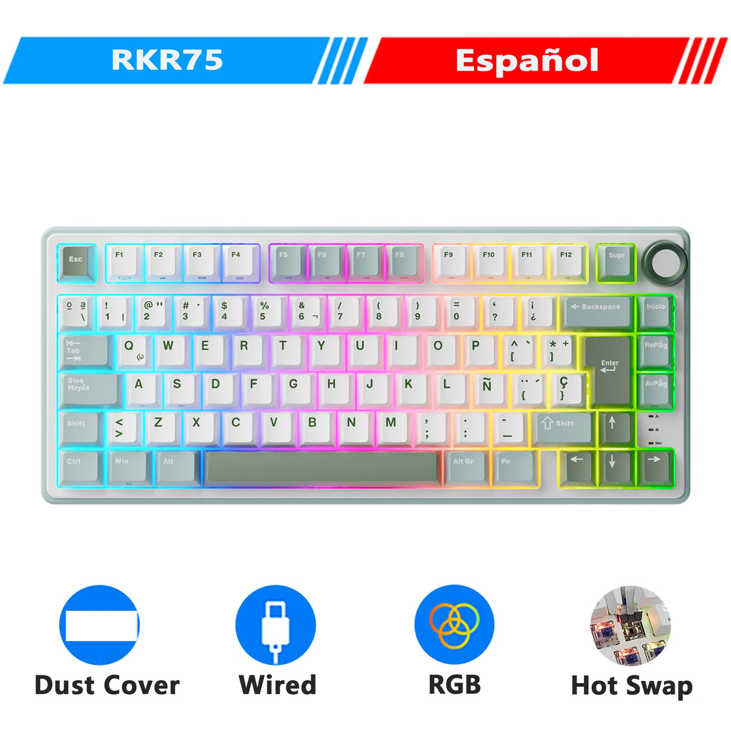 RK Royal Kludge R75 Gasket Kabelgebundene mechanische Tastatur mit 80 Tasten, RGB-Hintergrundbeleuchtung, Hot-Swap-fähige spanische Gamer-Tastatur, MDA-PBT-Tastenkappen