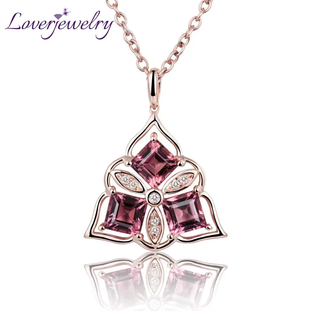 LOVERJEWELRY Lovely Flower Design 18Kt Rose Gold Diamonds Pink Tourmaline Pendants for Girl Jewelry Gift WP066