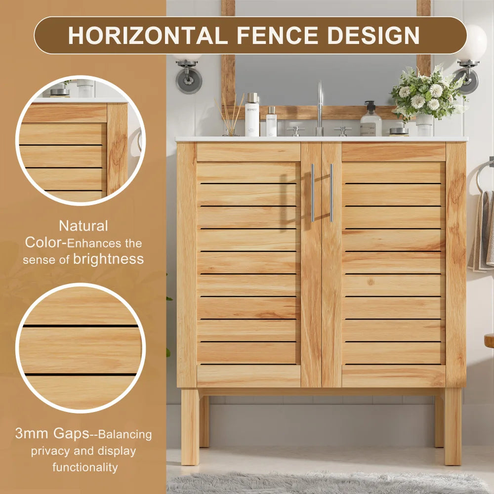 30" Antique Bathroom Vanity with Ceramic Sink, Mid-Century Modern Bathroom Vanity Cabinet with 2 Soft-Close Doors and Large