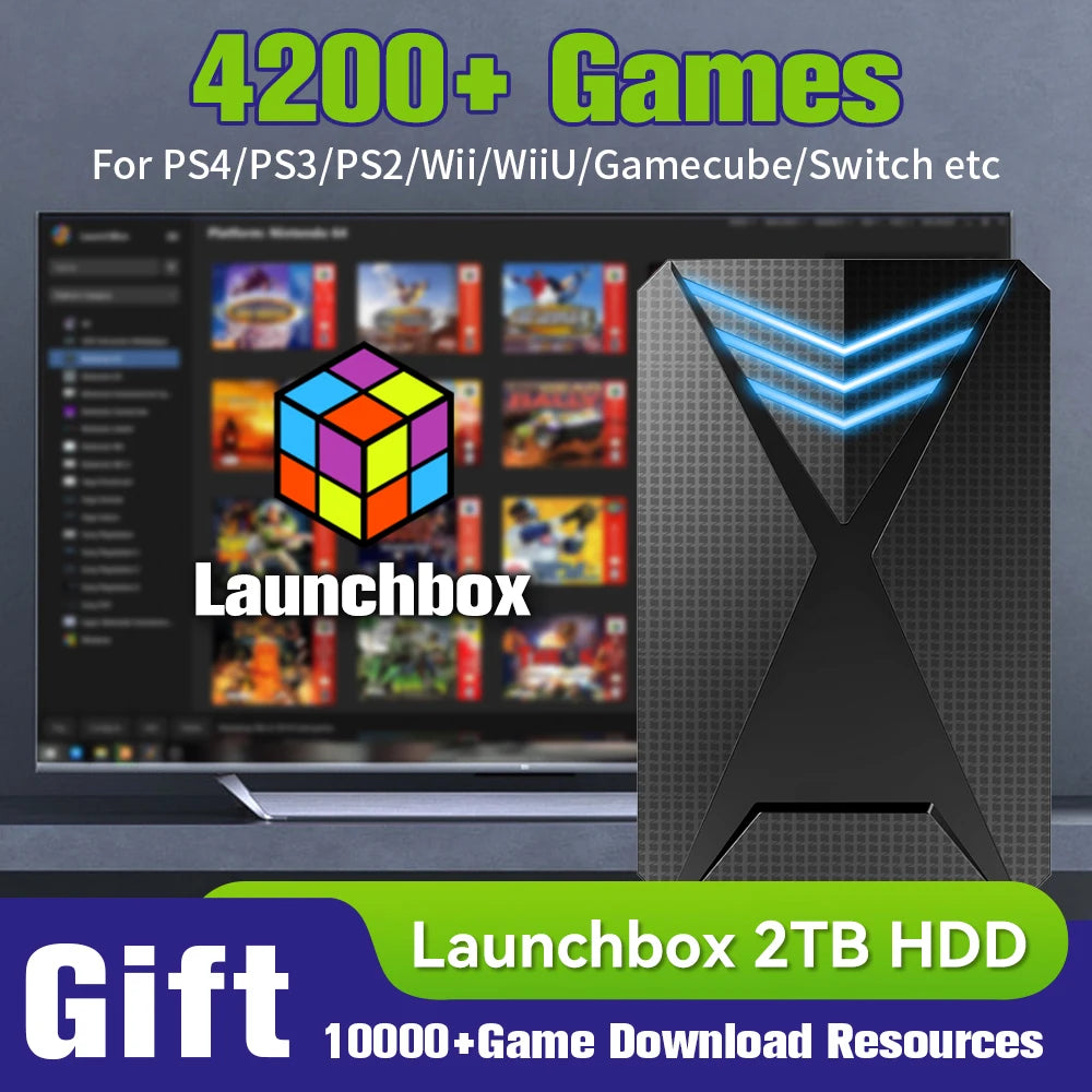 JMachen Hyper Base Lbox Retro Game Console for PS4/PS3/Switch/PS2/Wii/WiiU/PS1 Launchbox 2TB Gaming HDD with 4200+ PC/3D Games