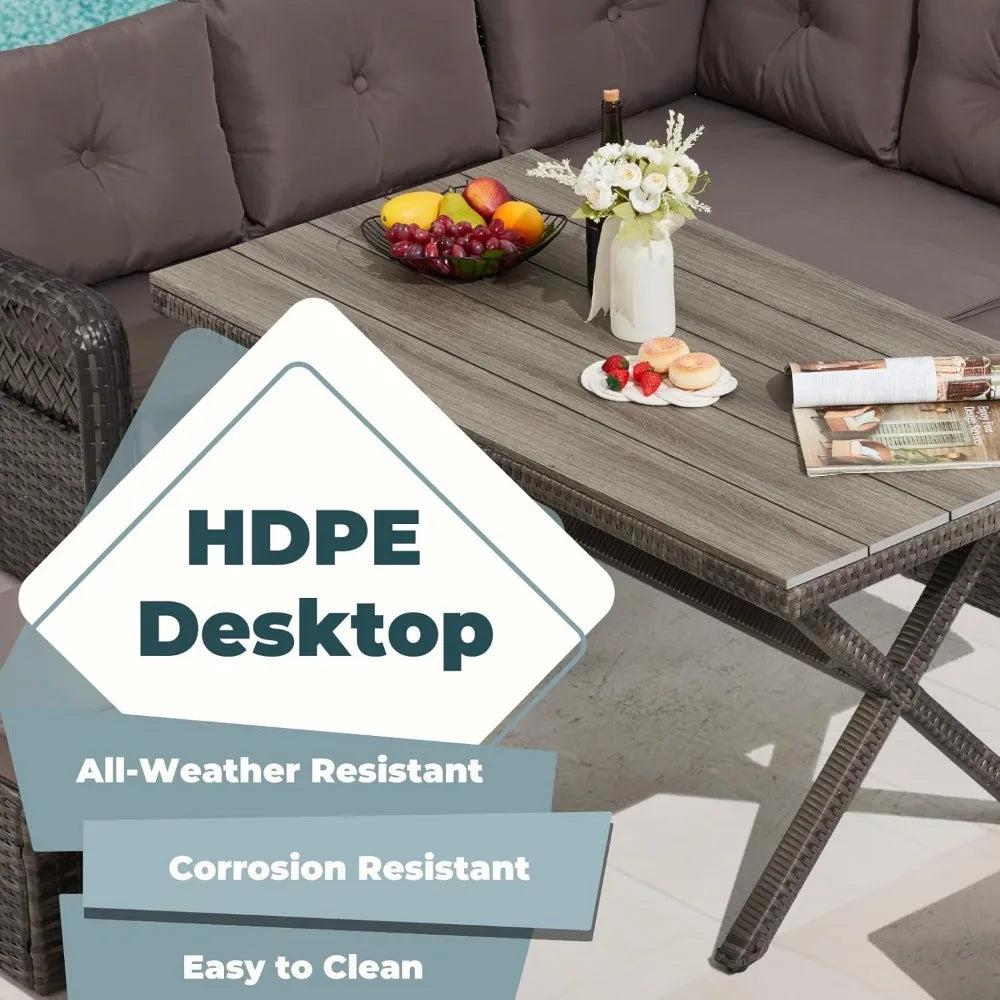 7 Pieces Patio Furniture Sets, Outdoor Dining Set, Patio Dining Sets with HDPE Table & Chairs, Ottamans for Garden, Deck(Light G