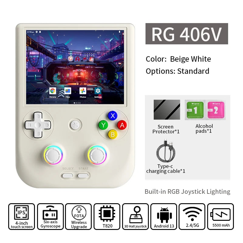 Anbernic RG 406V Retro-Handheld-Spielkonsole mit 4"-IPS-Multitouch-Display, WLAN, RGB-Beleuchtung, 3D-Hall-Joystick und 5500-mAh-Akku.