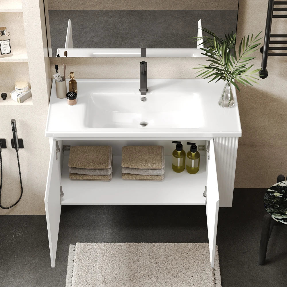 36" Modern Versatile Wall-Mounted Bathroom Vanity with Ceramic Sink, Floating Bathroom Vanity with 45 Degrees Free-Handle