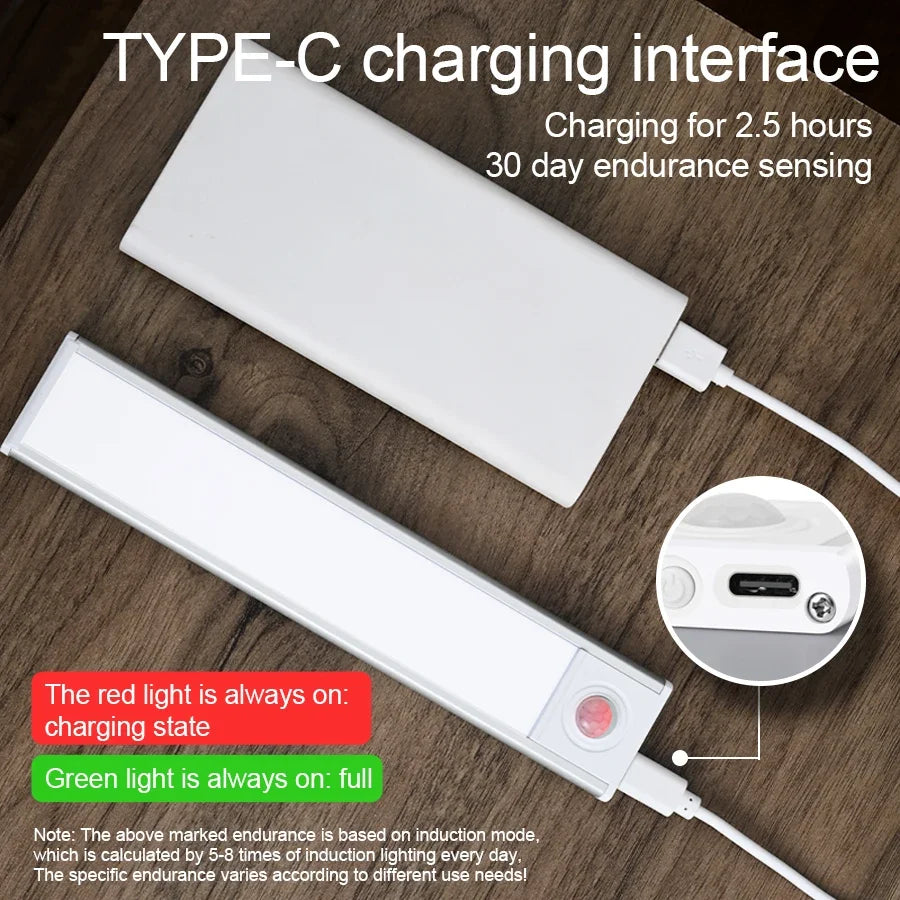 LED Cabinet Light USB Type-C Rechargeable Motion Sensor Led Lamp for Kitchen Wardrobe Cabinet Lighting 20cm/30cm/40cm/50cm