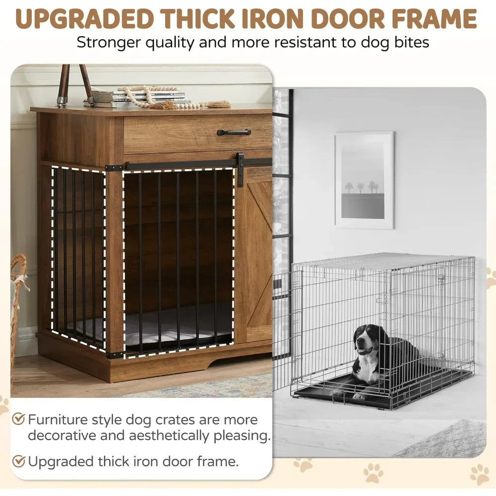 Furniture Style Dog Crates with Drawer, Farmhouse Wooden Dog Kennel Furniture with Sliding Barn Door & Water Resistant for