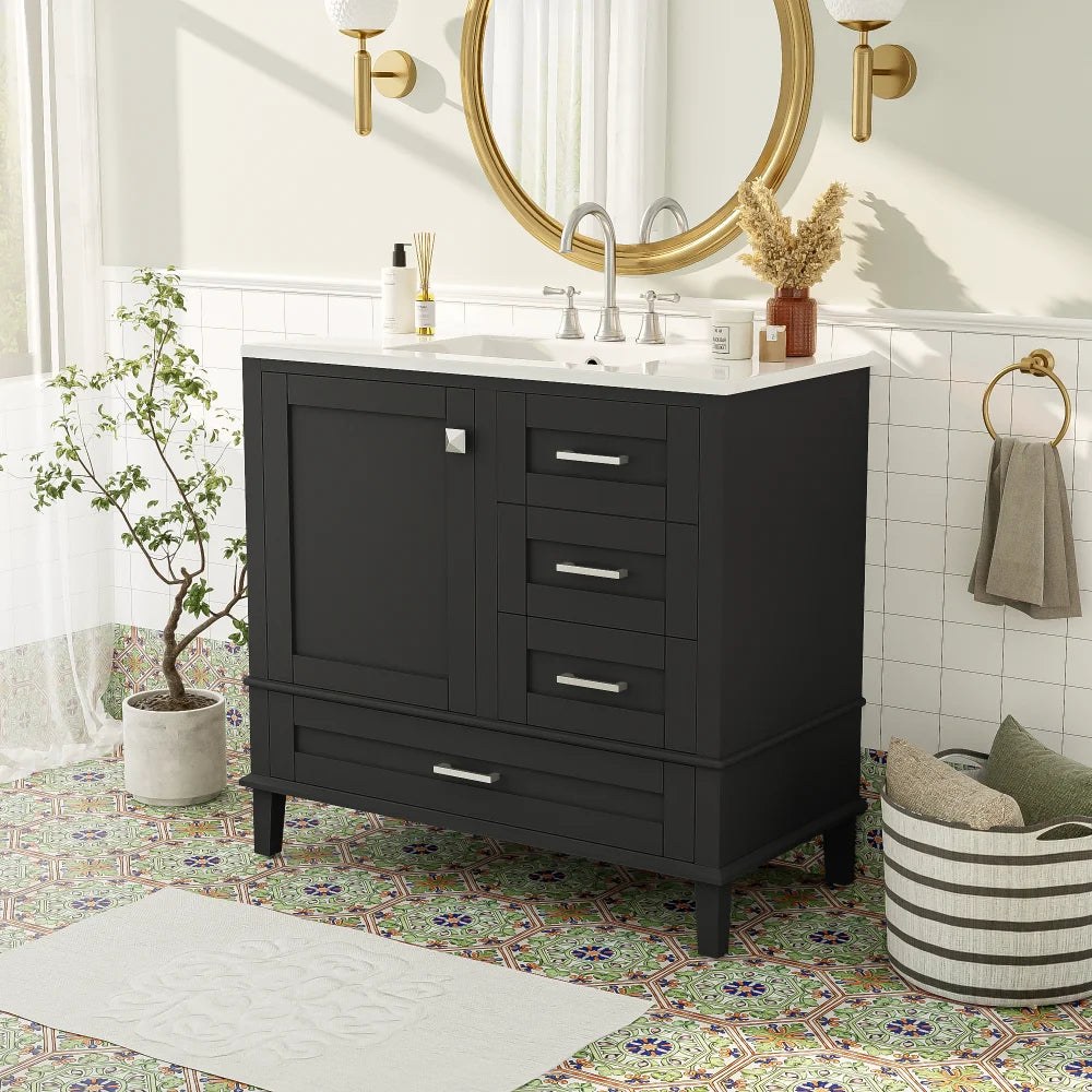 36" Black Bathroom Vanity with Solid Pine Frame, 1 Soft Close Door and 3 Drawers , Modern Storage Cabinet