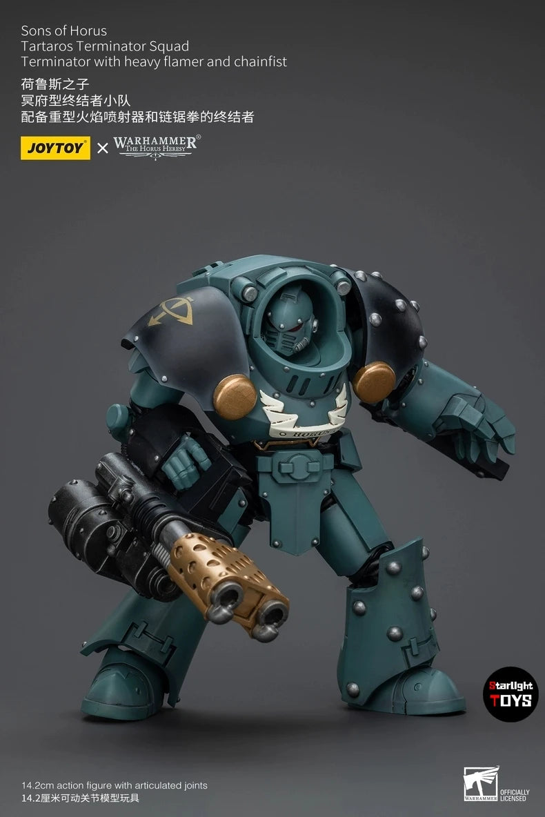 JOYTOY 1/18 Action Figure Warhammer 40K Sons of Horus Tartaros Terminator Squad Heavyflamer and Chainfist Toys Model Gift