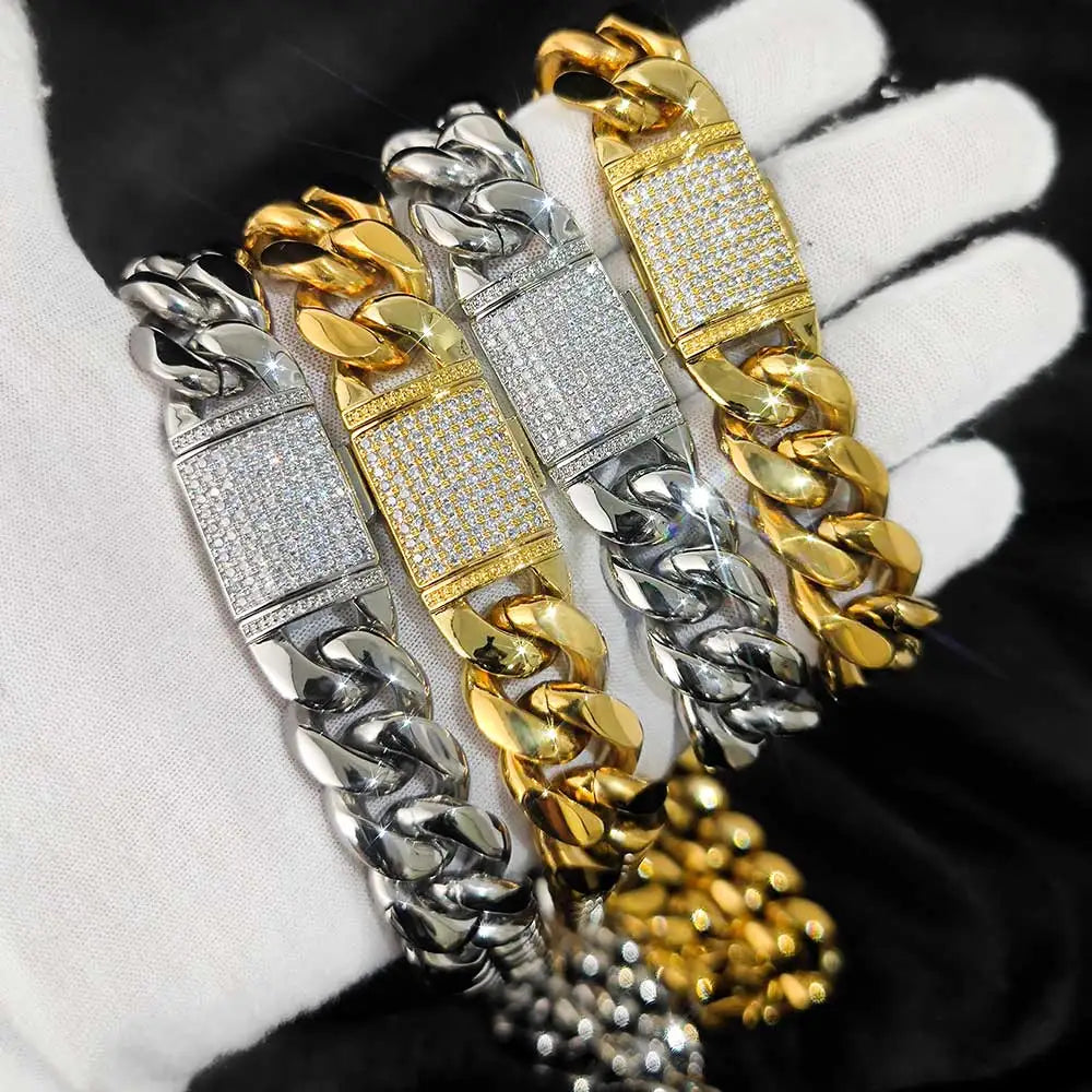 18MM Stainless Steel Cuban Chain With Bling Copper Cubic Zirconia Clasp  18k Gold Plated Hip Hop Cuban Bracelet Jewelry For Men