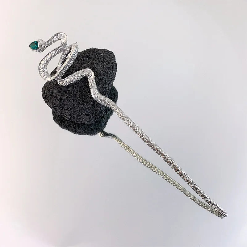 Vintage Snake Shape Hair Sticks Hairpins for Women Punk Chinese Style Green Rhinestones Chopstick Hairstyle Hair Accessories
