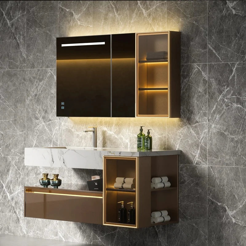 High End Bathroom Cabinet Vanity with Seamless Splicing Basin and Multifunction Mirror Cabinet