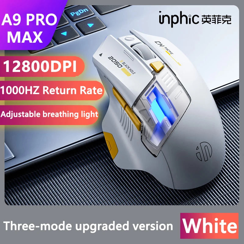 Inphic A9 PRO MAX Neue kabelgebundene/kabellose/Bluetooth-Gaming-Maus mit drei Modi, 1000 Hz Rücklaufrate, 12800 DPI kabellose Maus