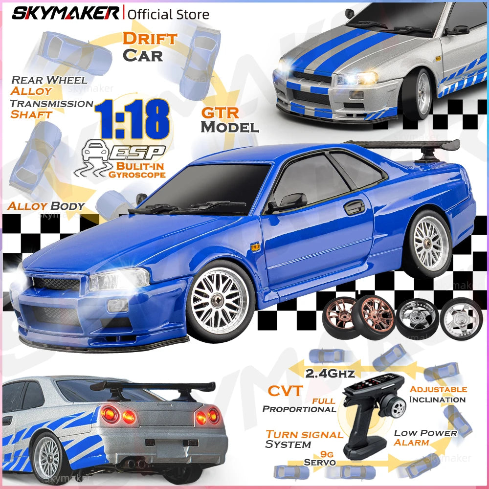 Skymaker LDRC 1/18 RC Drift Car LD1899 GTR-Modus R34 2,4 GHz RWD mit Gyroskop On-Road-Legierung Karosserie Rennwagen für Jungen Geschenke