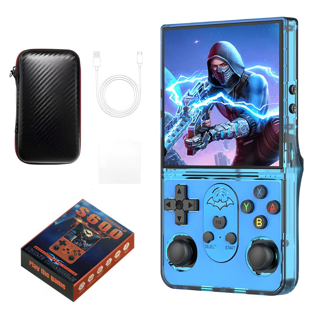 Blue handheld gaming console with accessories including a protective case, charging cable, and screen protector.