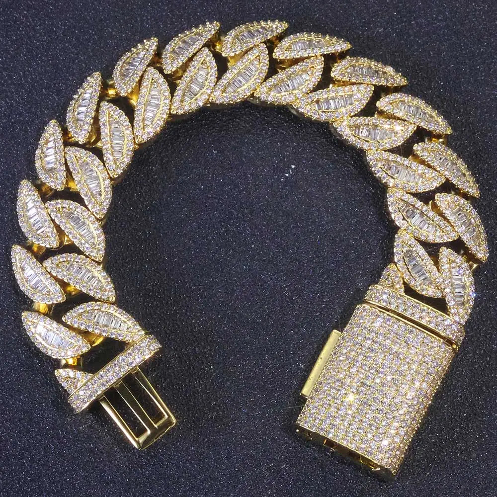 20MM 3 Rows Fashion Iced Cuban Bracelet Moon Shape Baguette Diamond Bracelets Men Women 18k Gold Plated Jewelry