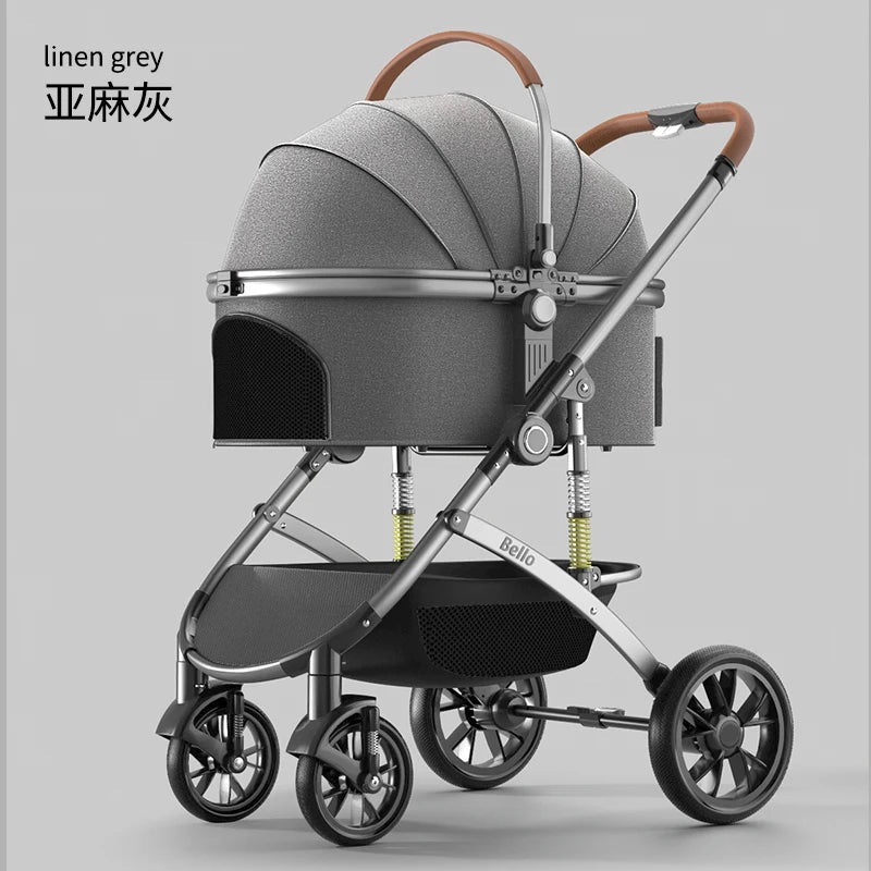 Bello Luxus-Haustier-Kinderwagen, moderner, abnehmbarer mittlerer und großer Wagen, Aluminiumlegierung, Katzen-/Hunde-Parm-PU-Räder