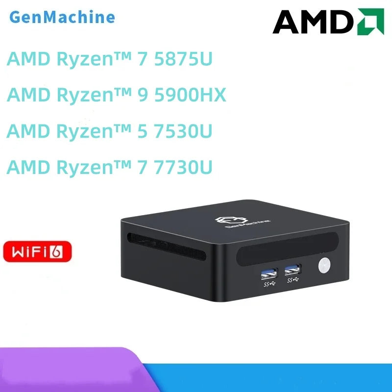 GenMachine Mini PC Ryzen 5875U 5900HX 7530U 7730U AMD GPU Win11 DDR4 RAM WiFi6 Desktops Computer mini pc diy gaming computer