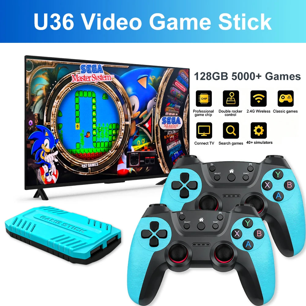 U36 Wireless Retro Game Stick HD S905 128G 50,000+ Games Support 40+ Classic Emulators For PS1/PSP with 2.4G Wireless Controller