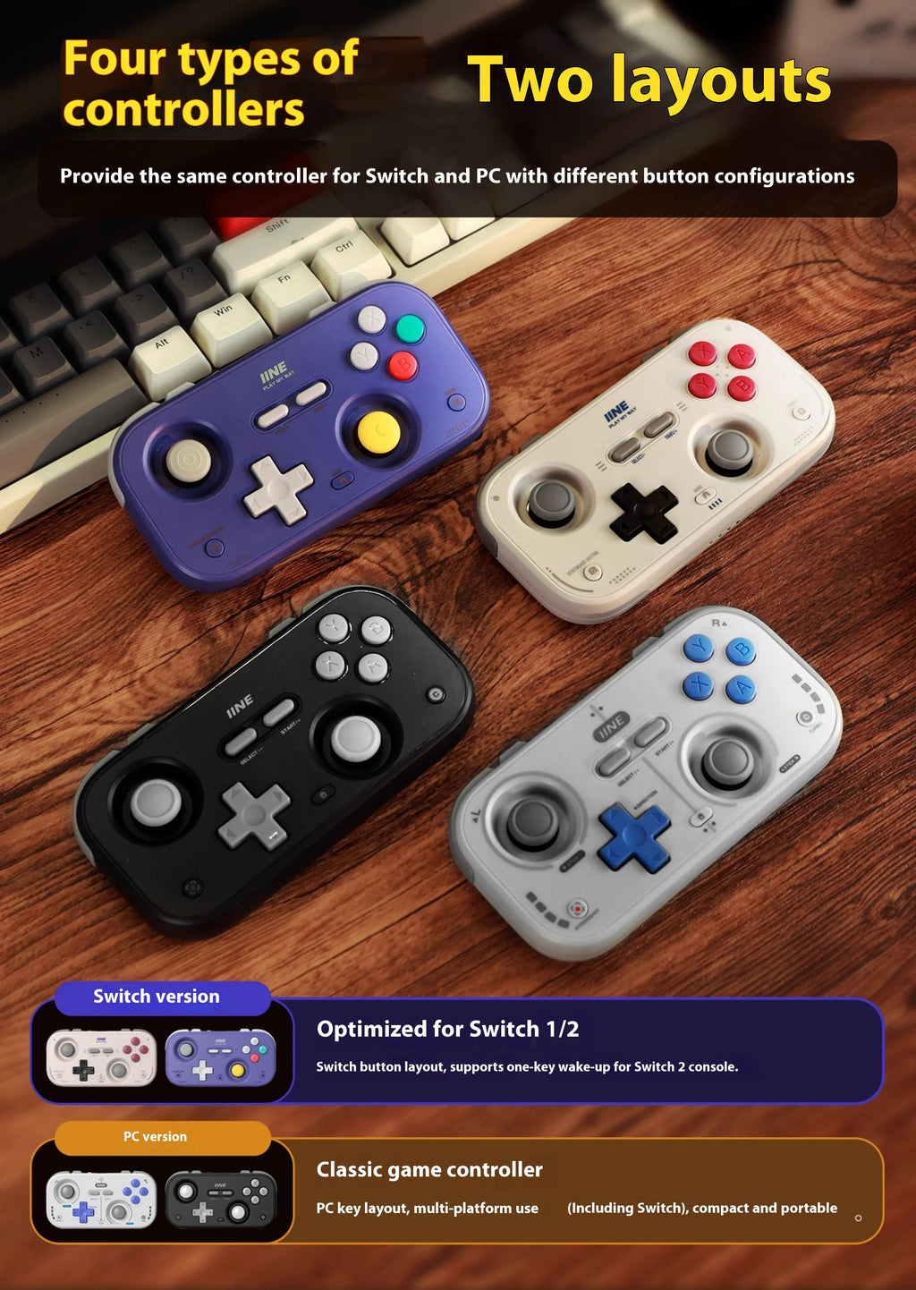 IINE Retro Card Game Controller Portable Switch2 mini handle Hall Joysticks 1000Hz Recessed Joystick Designed Customizable Gifts