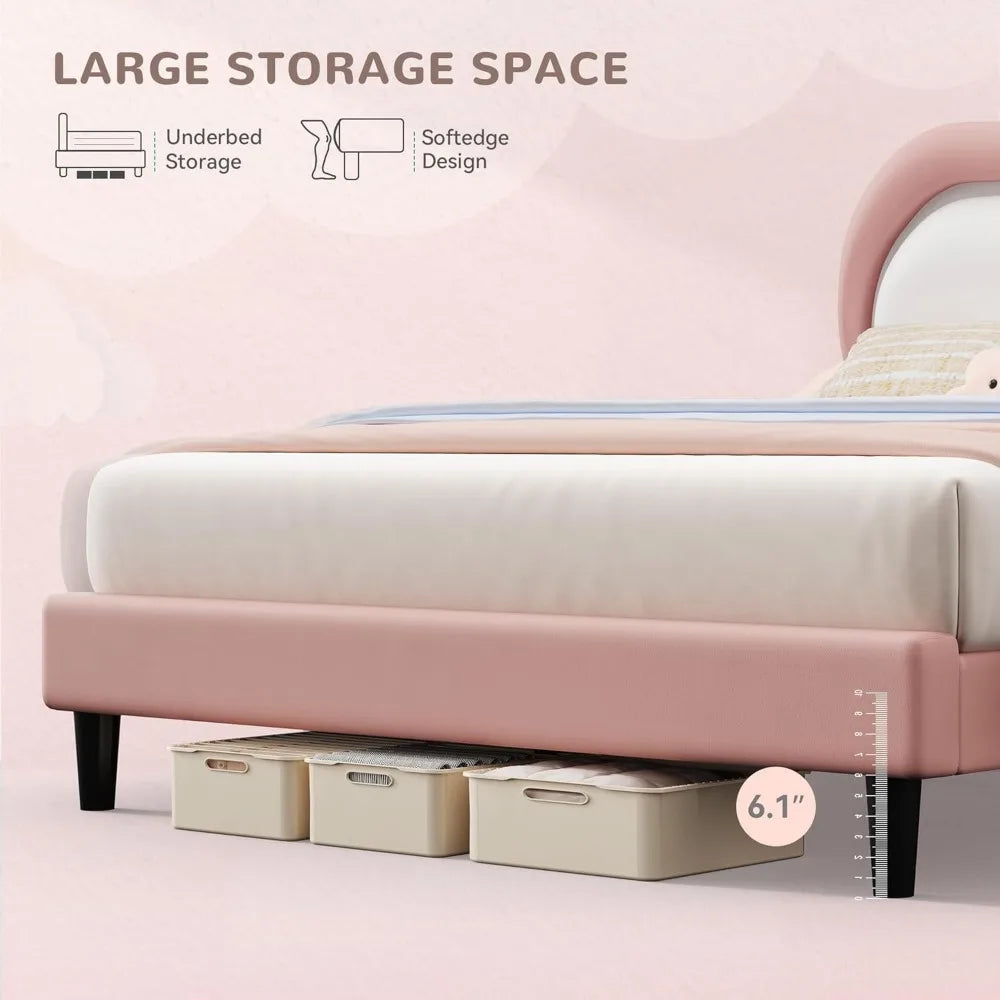 Queen Size Upholstered Bed with LED Smart Features and Adjustable Cloud Headboard, Platform Bed Frame
