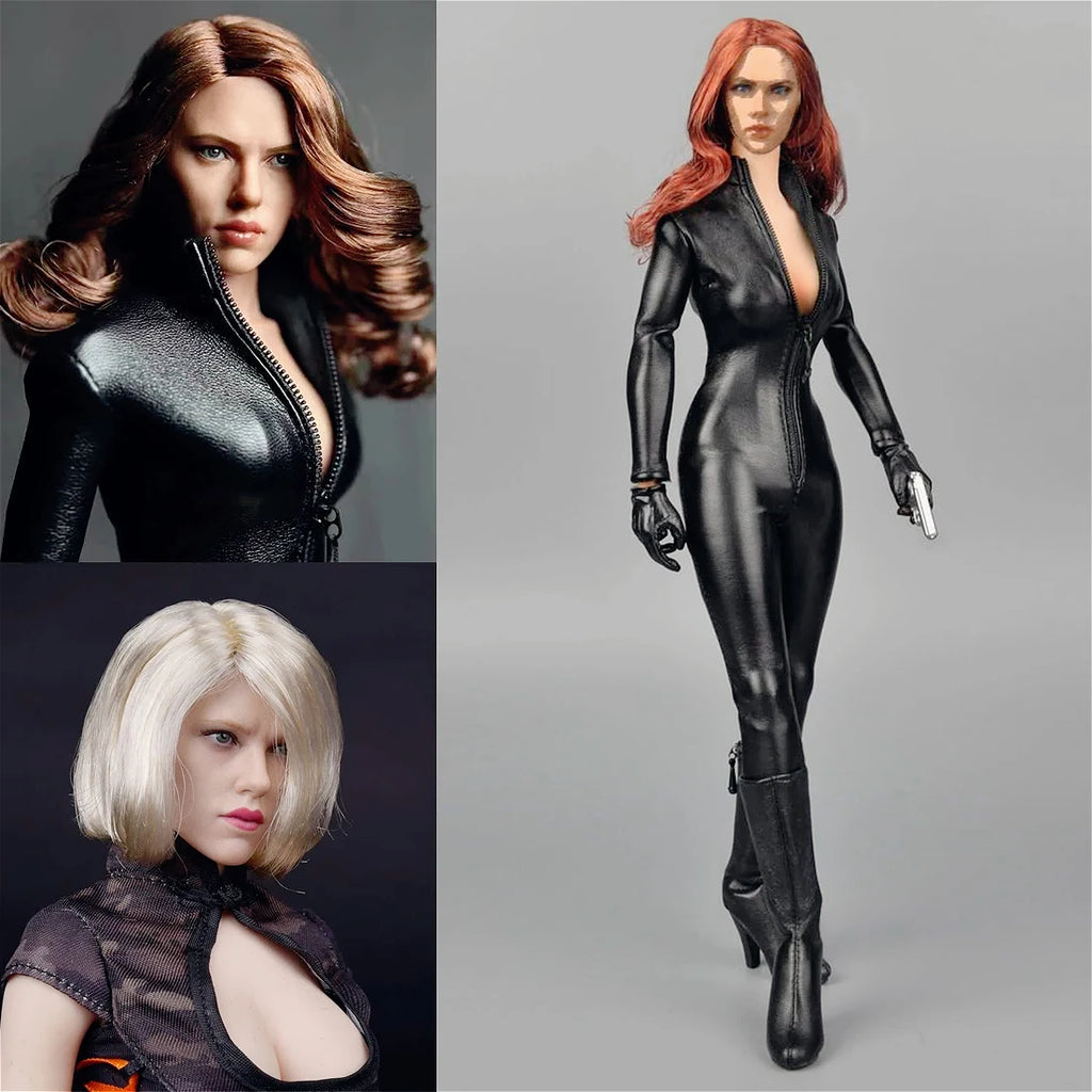 In Stock 1/6 Female American Civil War Black Pu Leather Bodysuit Jacket Head Sculpt Hollow Boots Model for 12" Action Figure Toy