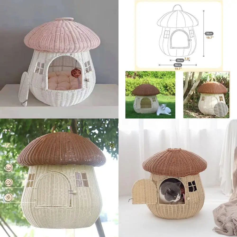 "dual-purpose pet rattan nest - cute mushroom-shaped kennel for cats and dogs with raised bed in pink"
