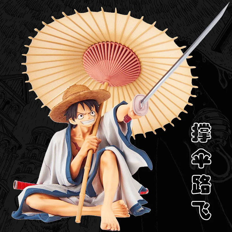 13CM Anime One Piece Monkey D. Luffy Wano Country Kimono Dress Up Umbrella Sitting Model Toy Gift Collection Action Fiugre PVC
